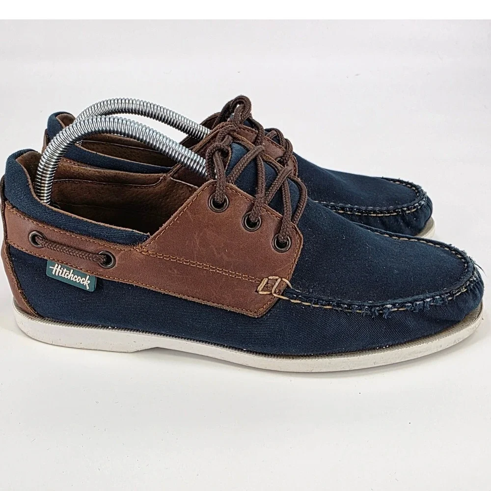 HITCHCOCK WIDE BOAT SHOES MENS SIZE 7 3E NAVY BLUE BROWN LEATHER CANVAS LACE UP